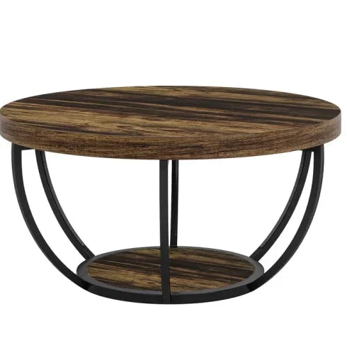Tavolino rotondo da caffè a 2 livelli in legno e metallo; colore Rustic