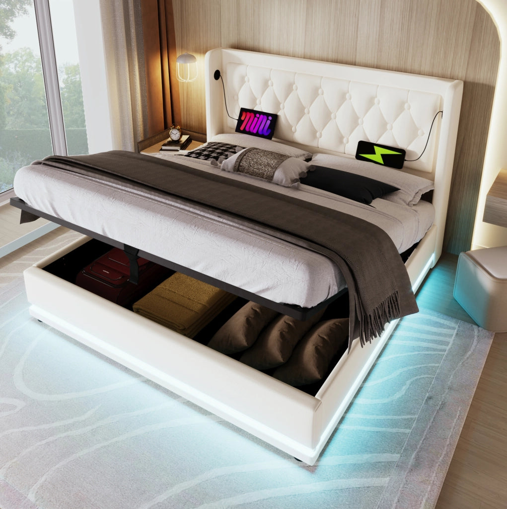 Letto matrimoniale contenitore 180 × 200 cm in PU bianco con LED; USB e Type-C