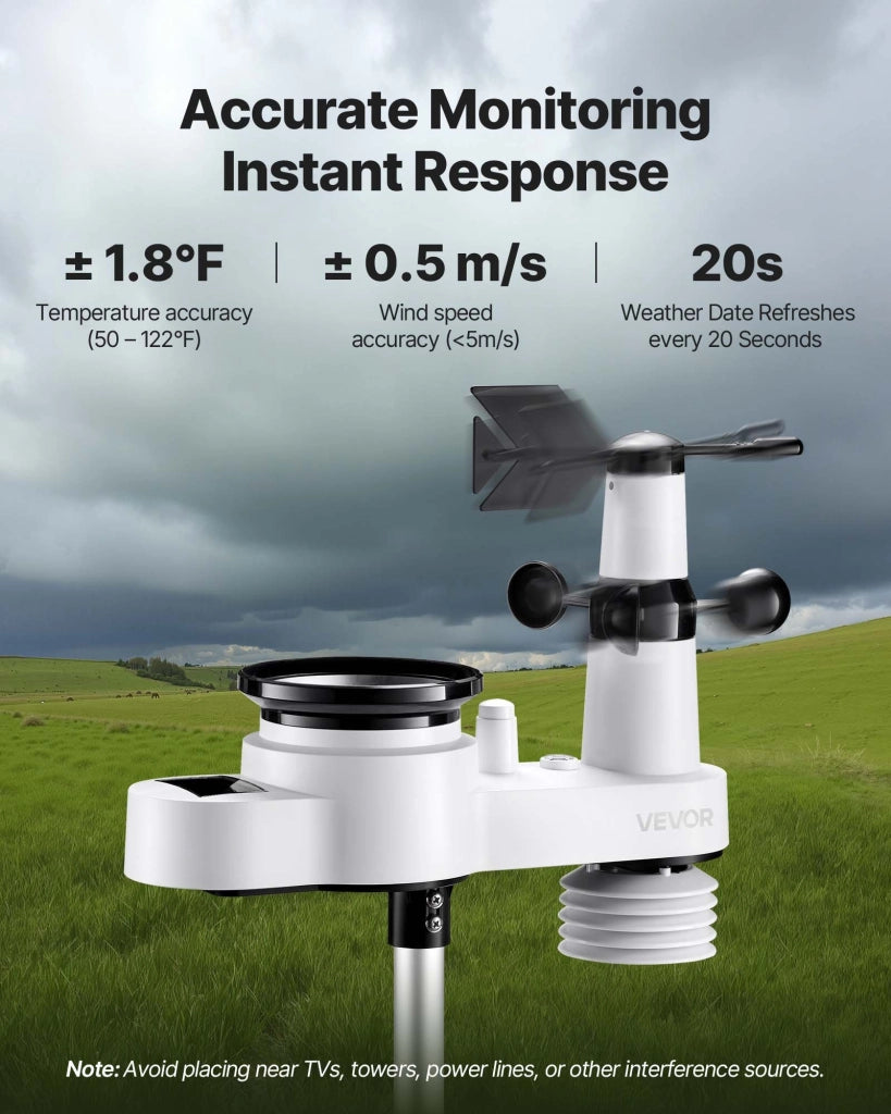 Stazione meteorologica wireless per casa e giardino YT60310, display VA da 190,5 mm, sensore solare 5 in 1 IPX6, raggio 150 m