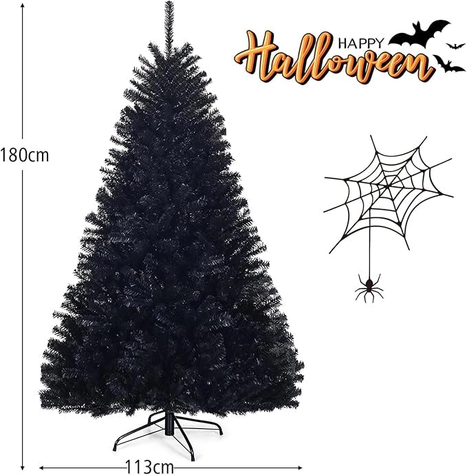 Albero di Natale Nero 180/225 cm, Albero di Natale con 1036/1258 Rami Folti e Base di Metallo con Cuscinetti Antiscivolo, Albero di Natale Realistico per Halloween (180x Ø112cm)