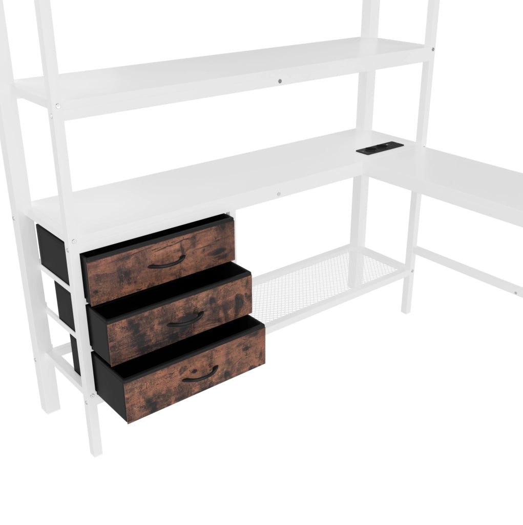 Letto a soppalco 140x200 cm in metallo e MDF bianco con scrivania; LED; prese USB e 3 cassetti