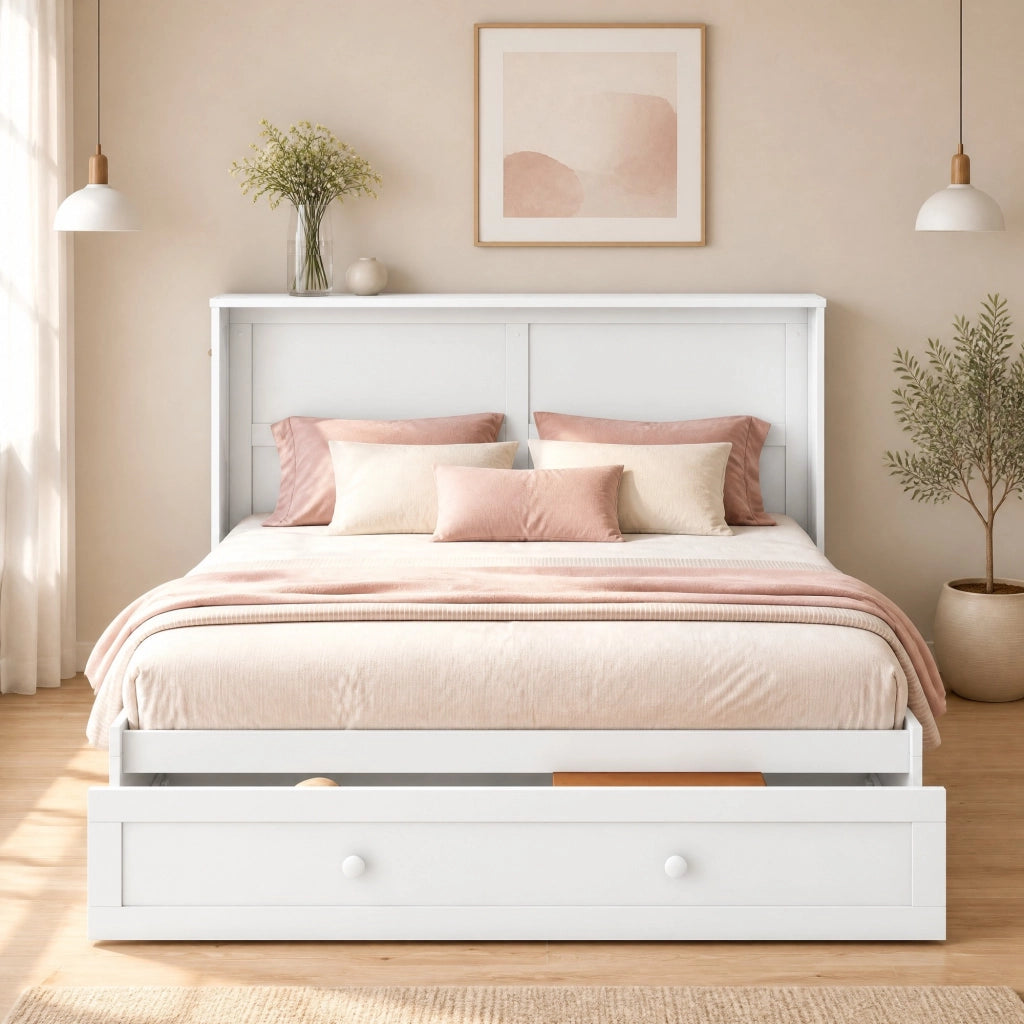 Letto pieghevole mobile 140x200 cm con cassetto e ripiani laterali, bianco