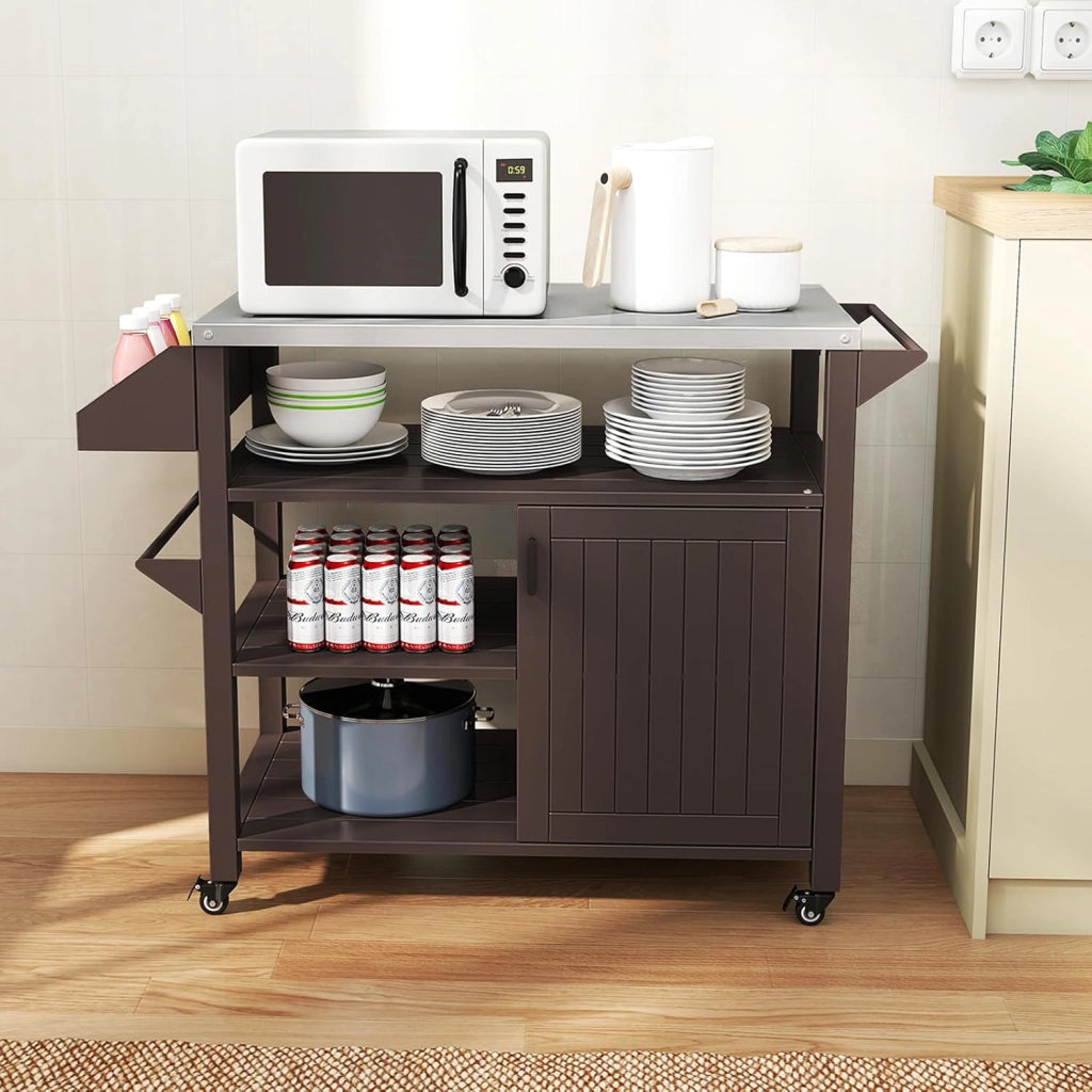 Carrello per Grill da Esterno, Carrello in Metallo con Armadietto, Ruote Bloccabili Universali, Ripiani e Piano in Acciaio Inox, Isola da Cucina per Barbecue, Festa e Campeggio