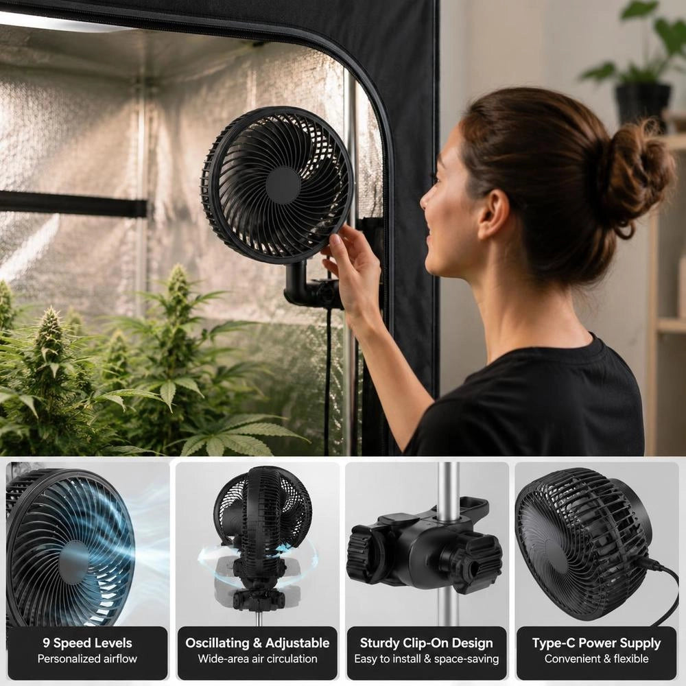 Plant Fan, Grow Tent Clip On Fan Rechargeable, USB Port With 9 Speeds & Circulation Mode, Smart Control, Powerful Oscillating, Long Runtime For Hydroponics Circulation Cooling, Black, 1 Pack