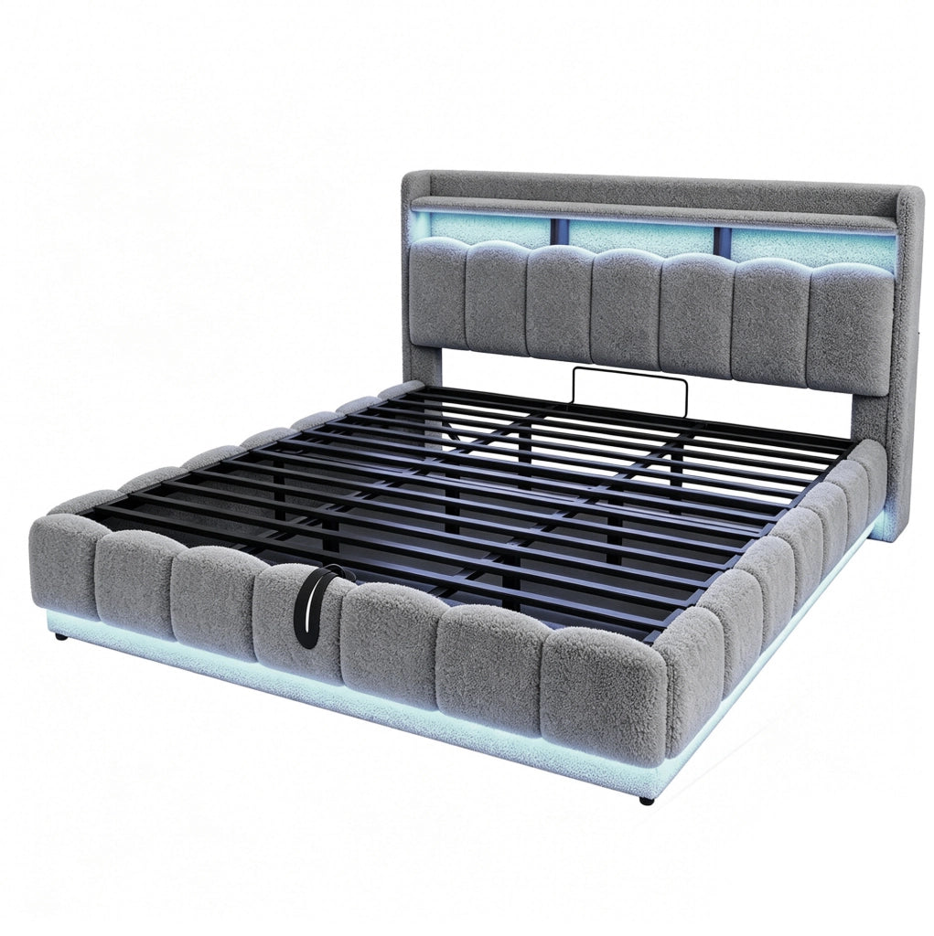 Letto imbottito 180 × 200 cm con contenitore idraulico; LED; USB e presa; bouclé grigio