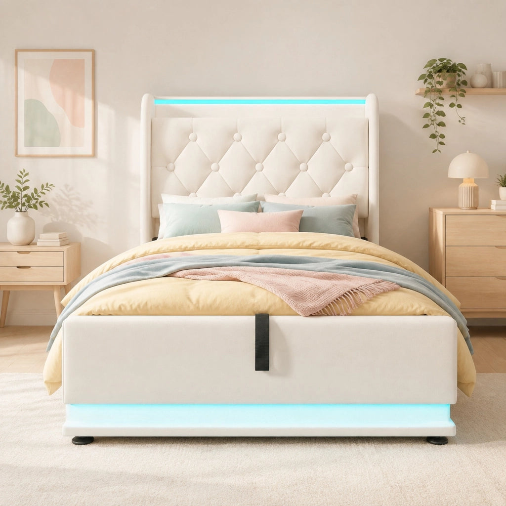 Letto imbottito singolo con LED 360°; USB e Type-C; contenitore idraulico; 90x200 cm; bianco PU