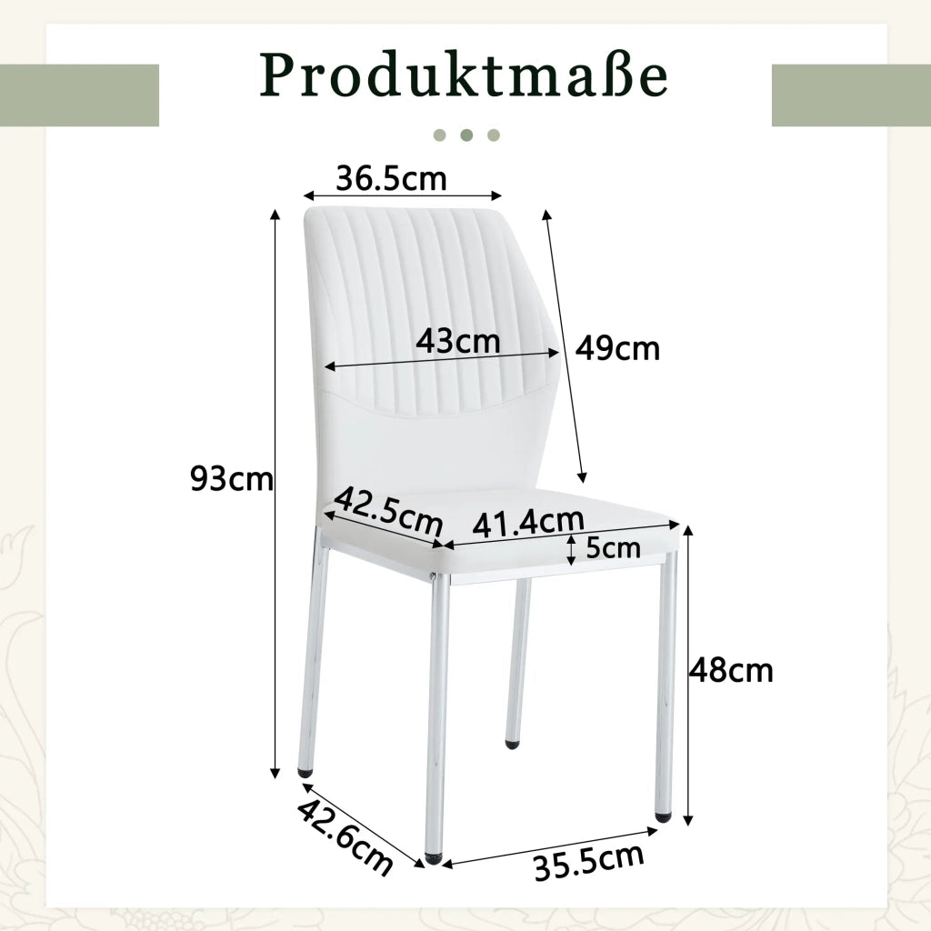 Set 4 sedie da pranzo stile lusso leggero, schienale bianco in PU con trama verticale, gambe in metallo argento. Ideali per sala da pranzo o soggiorno.