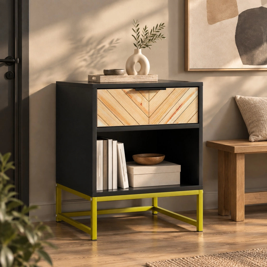 Comodino con cassetto e vano a giorno 43x40x55 cm in MDF nero e naturale HAVRYA