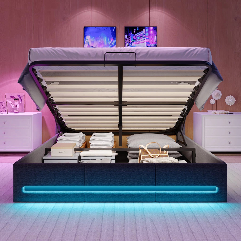 Letto contenitore 140x200 cm in lino grigio;con vano portaoggetti;luci LED/USB;rete a doghe e testiera;per ragazzi e adulti