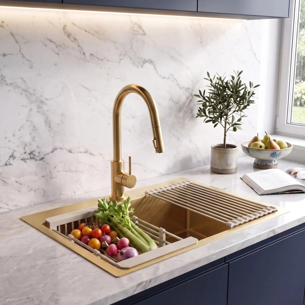 Lavello In Acciaio Con Set Di Accessori 3 Pz. Rea Liam Brush Gold Accessori beige
