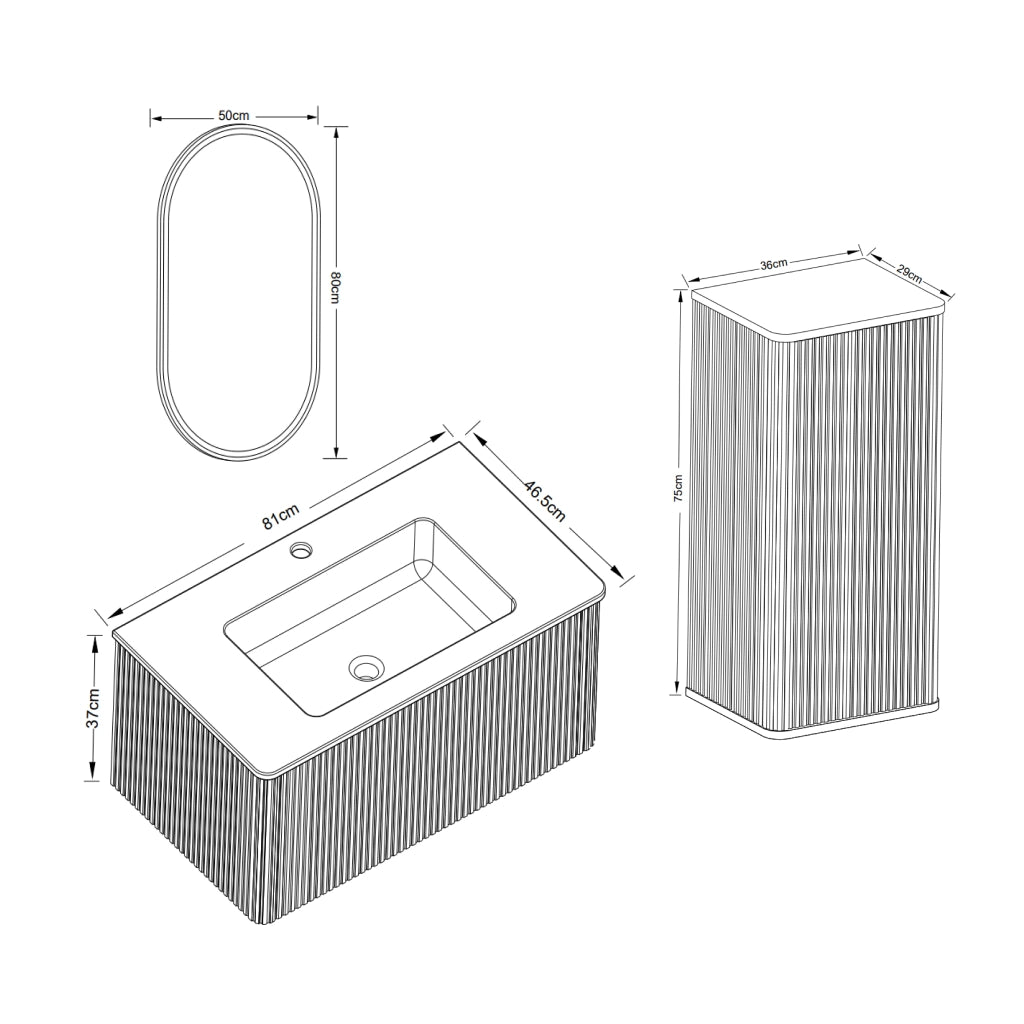 Set mobile bagno sospeso con lavabo, colonna laterale e specchio LED