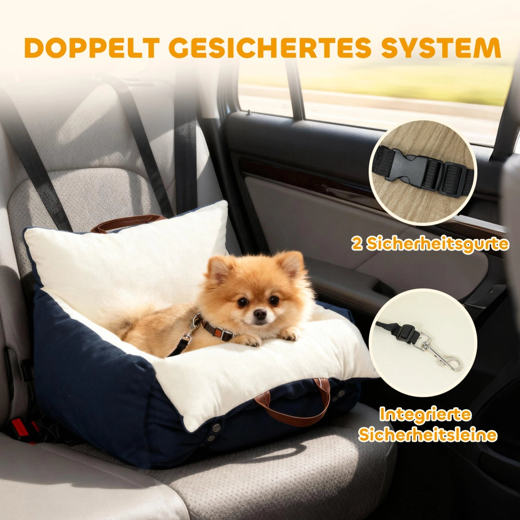 Seggiolino auto per cani fino a 5 kg con 2 cinture di sicurezza, cuscino viaggio animali con fodera lavabile, pratico e confortevole, blu