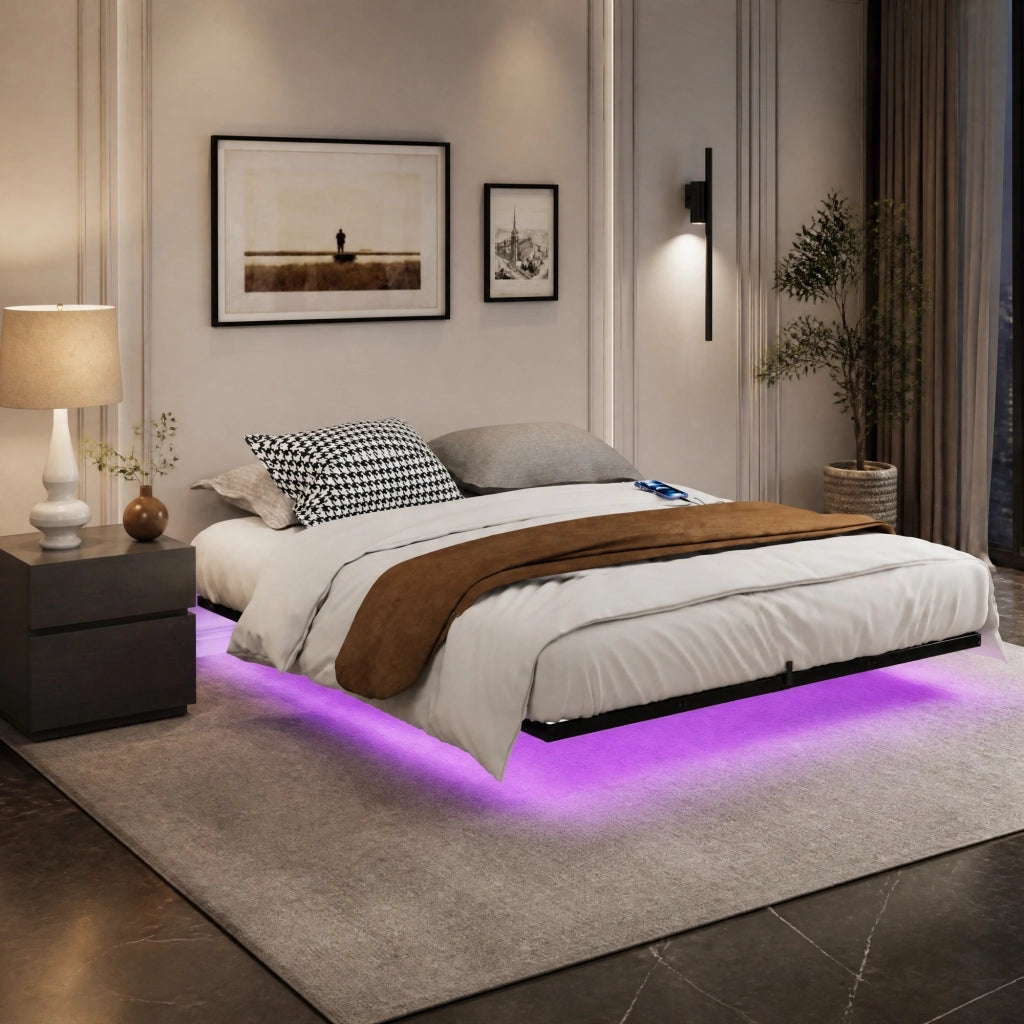 Letto sospeso 160x200x20 cm con LED e stazione di ricarica in acciaio nero