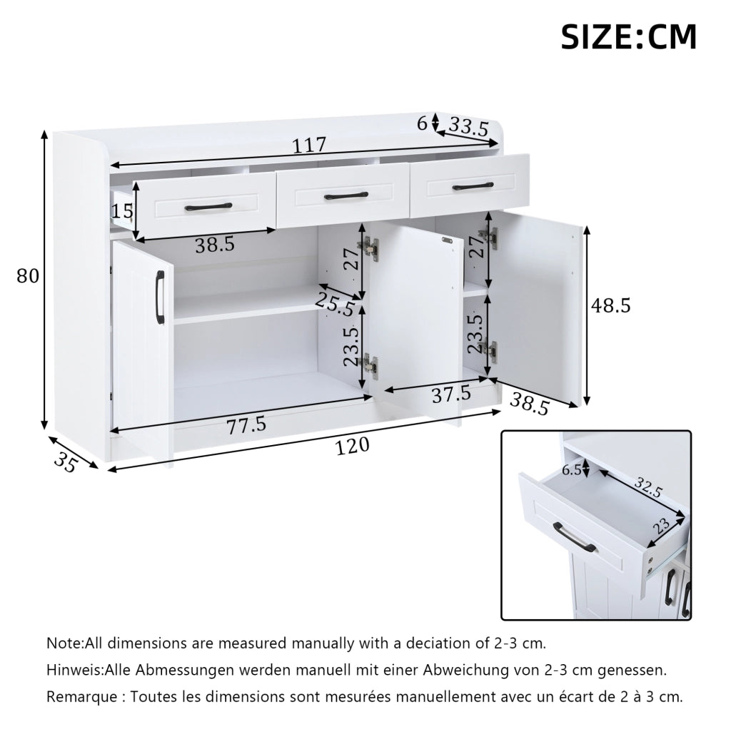 Credenza 120x35x80 cm con 3 cassetti e 3 ante; truciolare; bianco