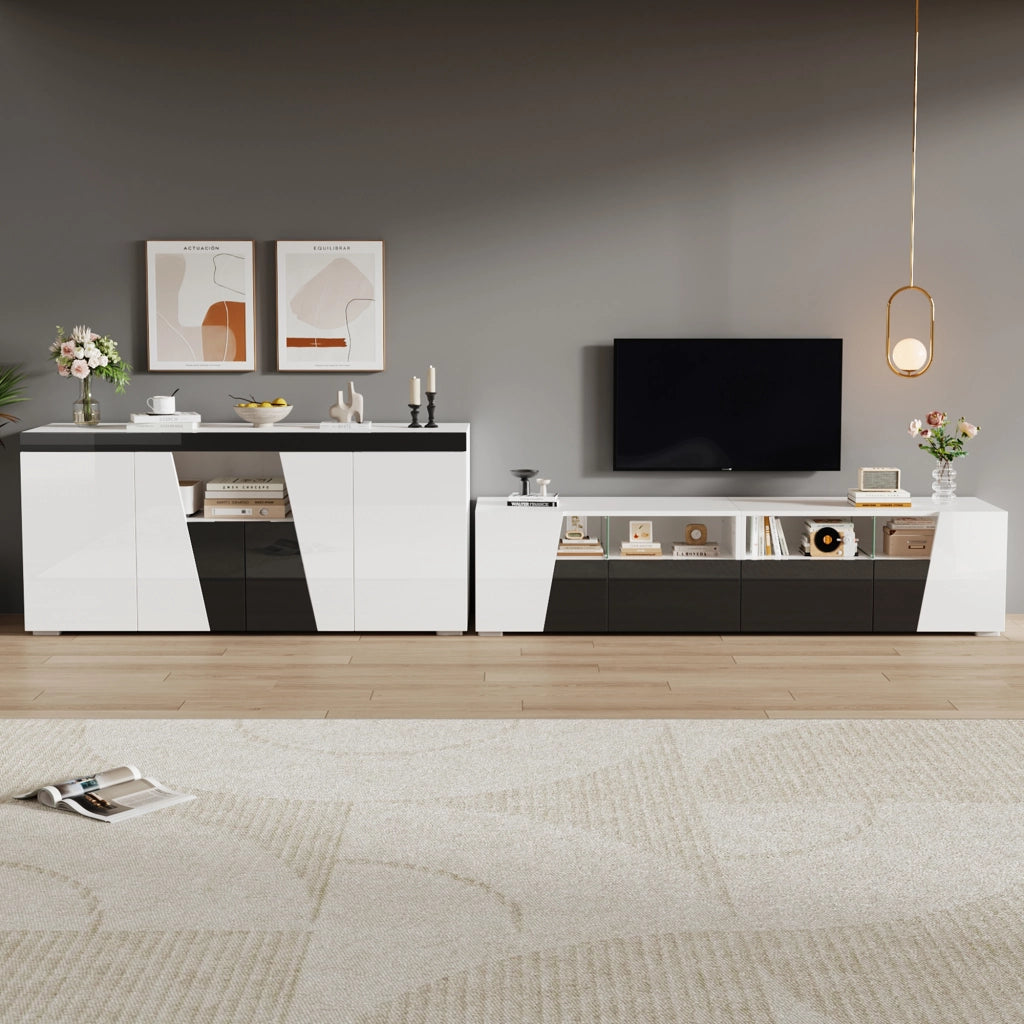 Mobile TV sospeso 180x38;5x45 cm con LED Bluetooth e sideboard 140x40x65 cm; bianco e nero lucido