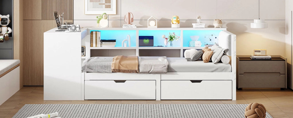 Letto a piattaforma in legno 90x200 cm con testiera imbottita, cassetti, ripiani, stazione di ricarica e luci LED colorate, bianco