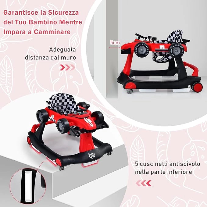 Girello per Bambini 4 in 1, Girello Pieghevole con Altezza e Velocità Regolabili, Carillon con Luci, Volante, Primi Passi per Bambini 6-18 Mesi, Portata 15 kg (Rosso)