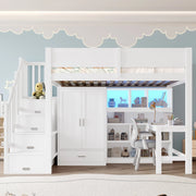 Letto a soppalco 90x200 con scrivania; armadio; scaffale e luci LED bianco