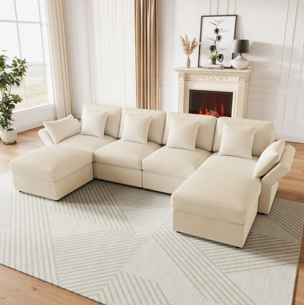 Divano angolare a U modulare 290x159,5x89 cm in velluto a coste beige