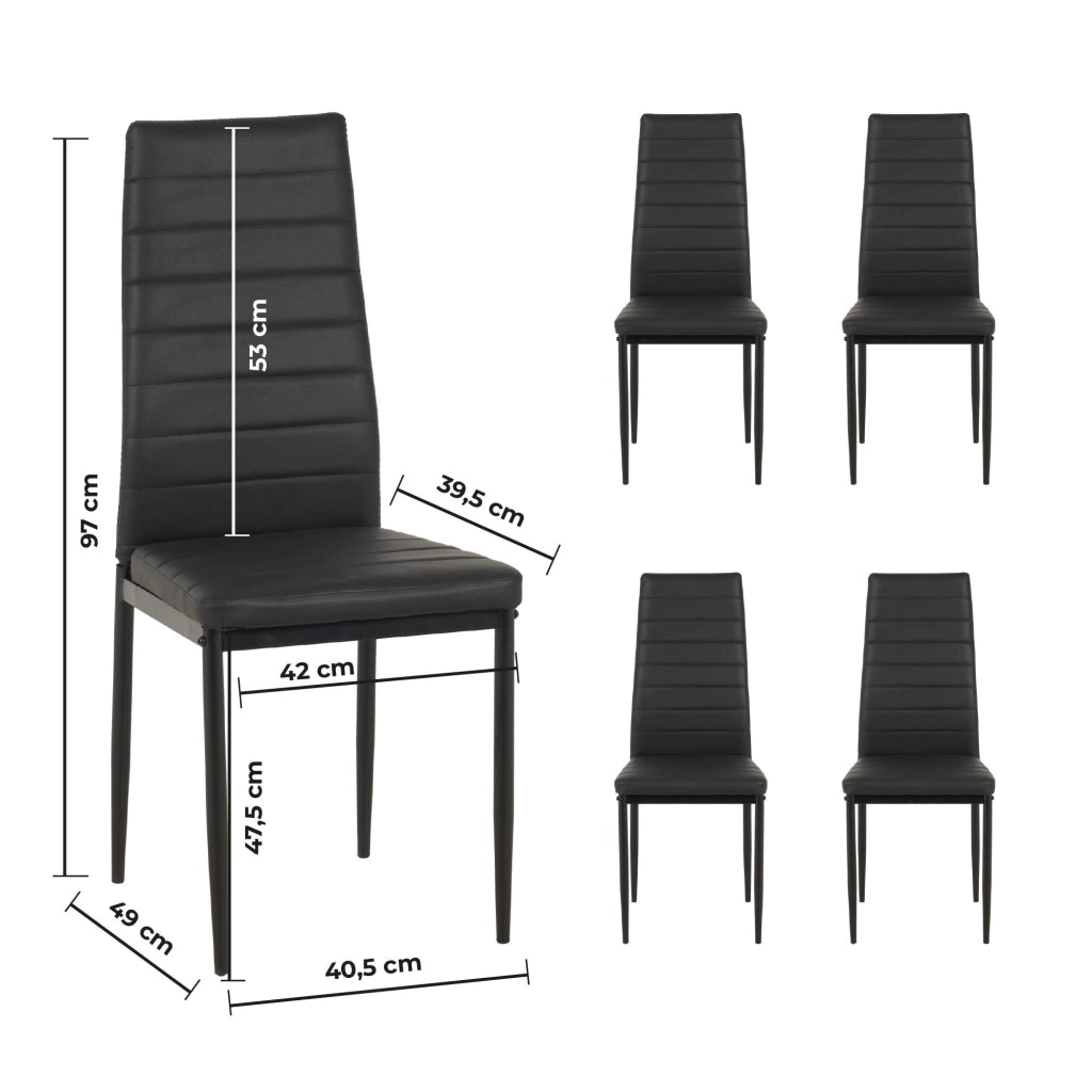 Set Sedie e Tavolo da Pranzo con Ripiano in Vetro Temperato e Sedia Imbottite in Similpelle Nera – Design Moderno, 4 o 6 Posti – Ideale per Cucina o Soggiorno   Nero - 4 Posti