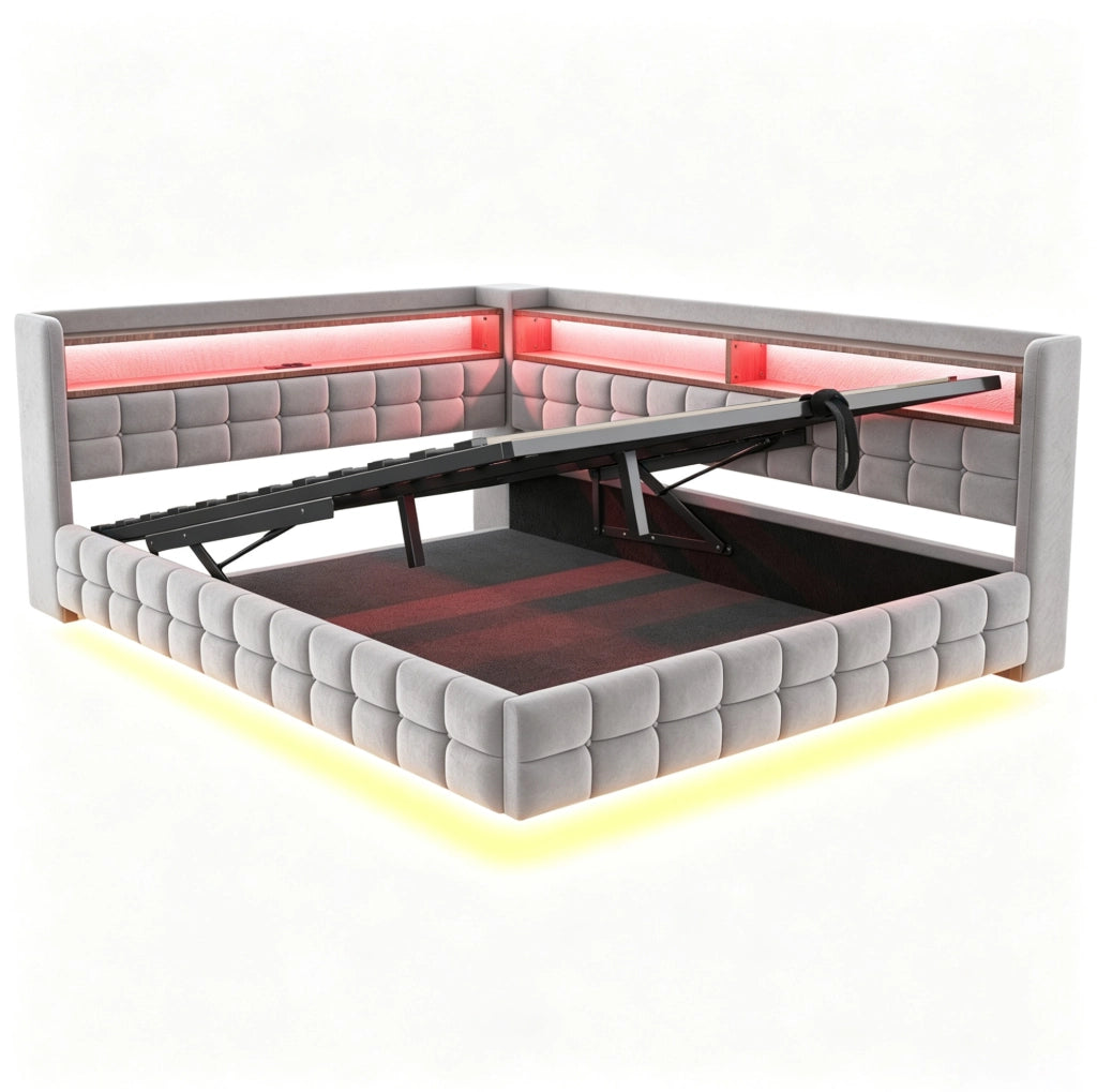 Letto Poltrona Multifunzionale 140x200 cm con Contenitore Idraulico, Mensole in Legno, Illuminazione LED, Prese USB e Tipo-C, Rivestimento in Velluto Grigio Chiaro