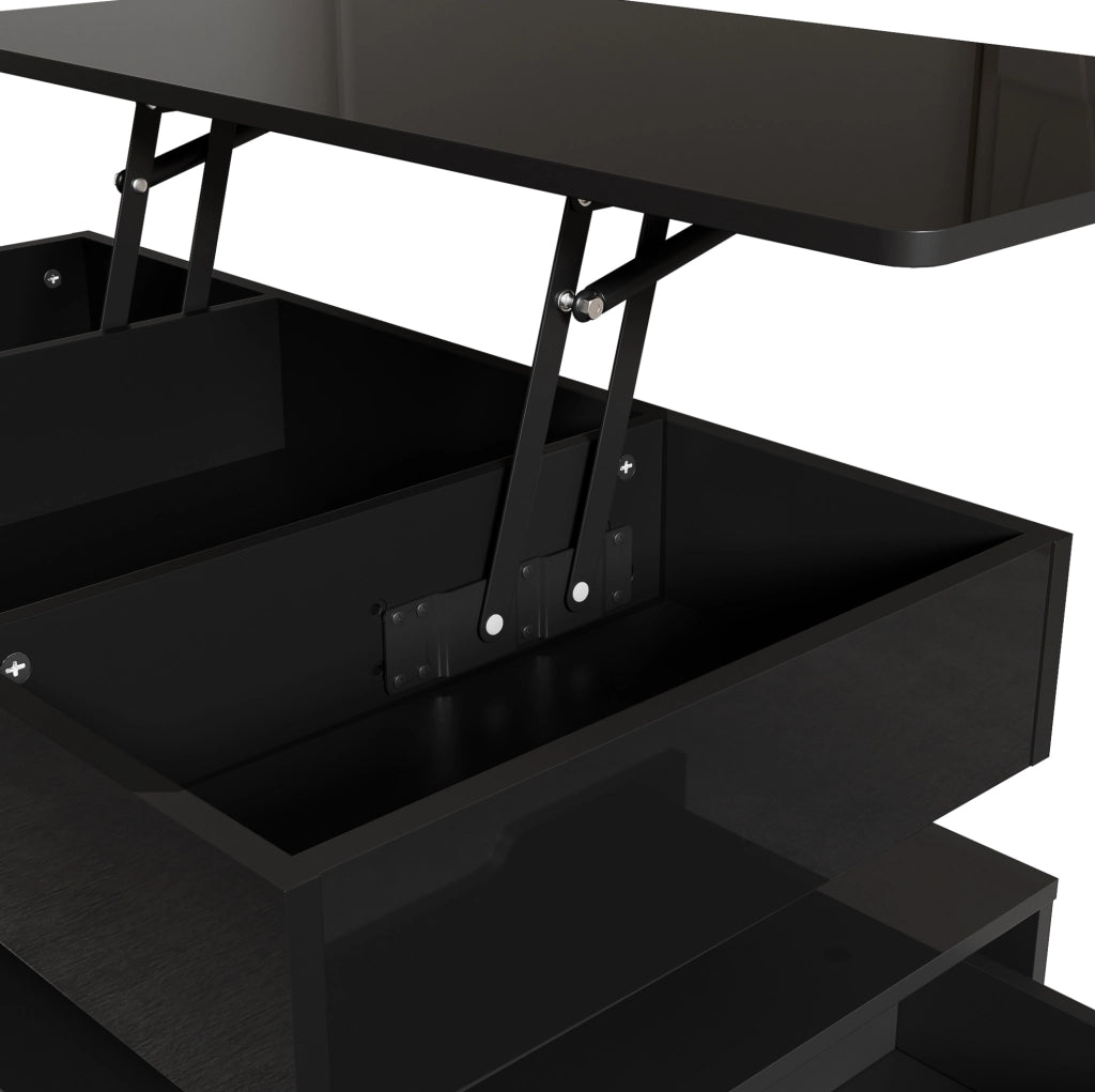 Tavolino da salotto nero lucido con piano elevabile e LED