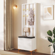 Set guardaroba con panca porta scarpe, cuscini grigi e appendiabiti dorati, struttura in truciolato bianco 60,5x180,5x35,2 cm