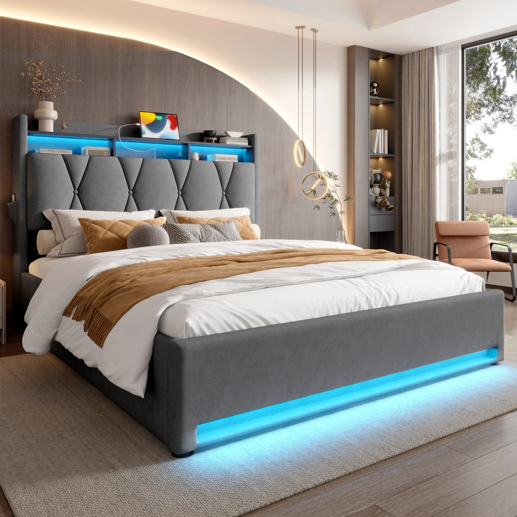 Letto imbottito 140 × 200 cm con contenitore; testiera con ripiano e LED; USB e Type-C; velluto grigio scuro
