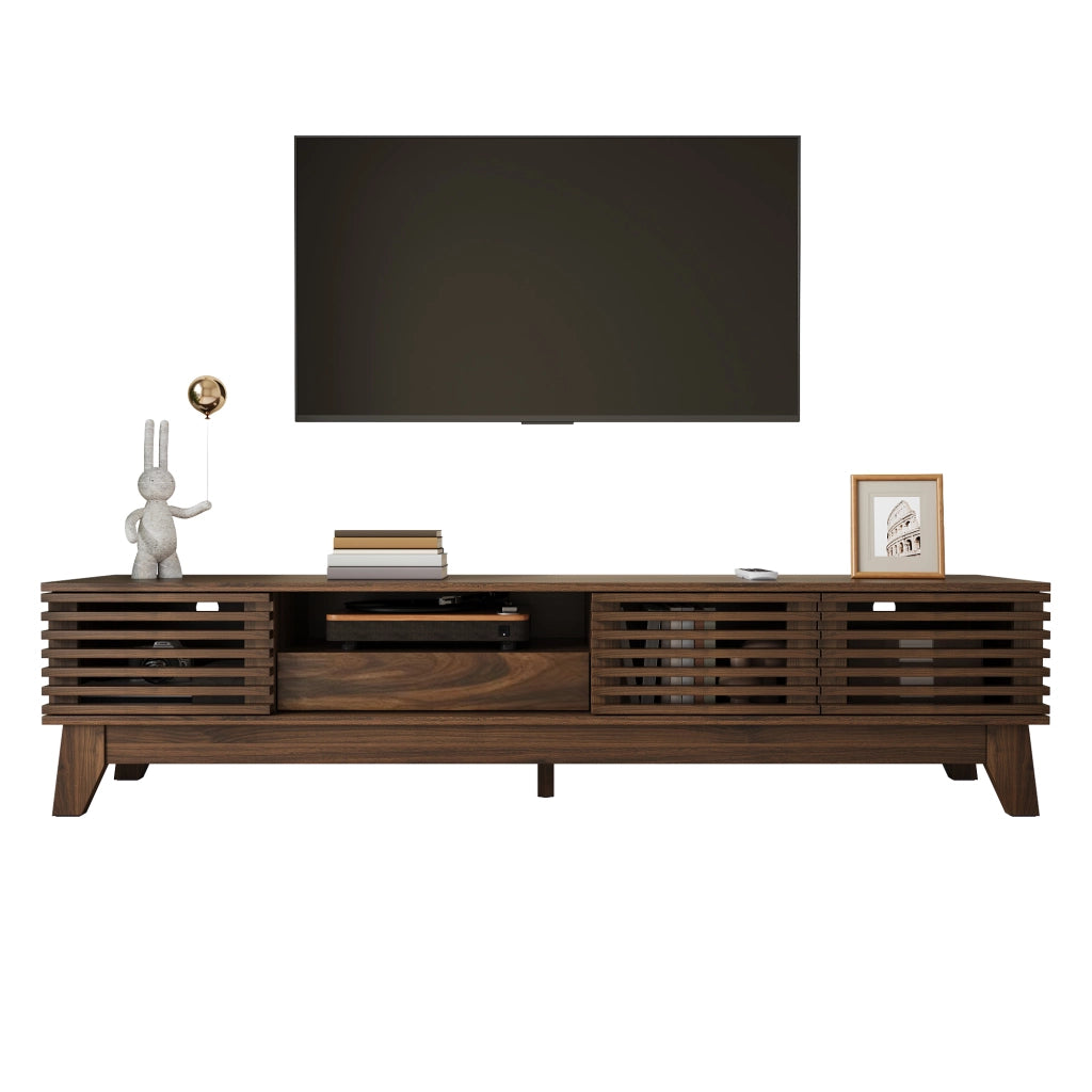 Mobile TV da 170 cm con frontali scanalati e 3 ante, MDF, noce
