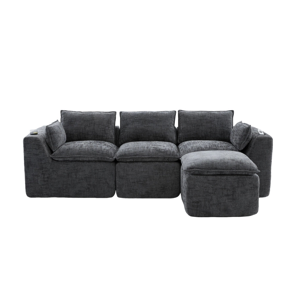 Divano modulare in ciniglia grigio scuro con tasche laterali cuscini e pouf 256 × 161 × 75 cm