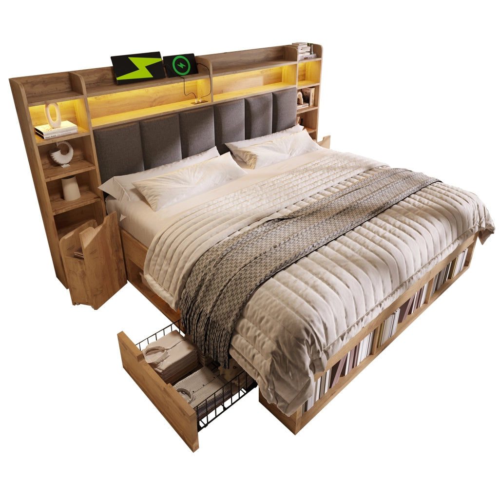 Letto matrimoniale 160×200 cm con LED; USB e Type-C; cassetti e ripiani; senza materasso; rovere