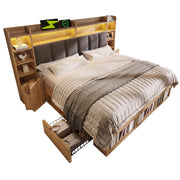 Letto matrimoniale 160×200 cm con LED; USB e Type-C; cassetti e ripiani; senza materasso; rovere
