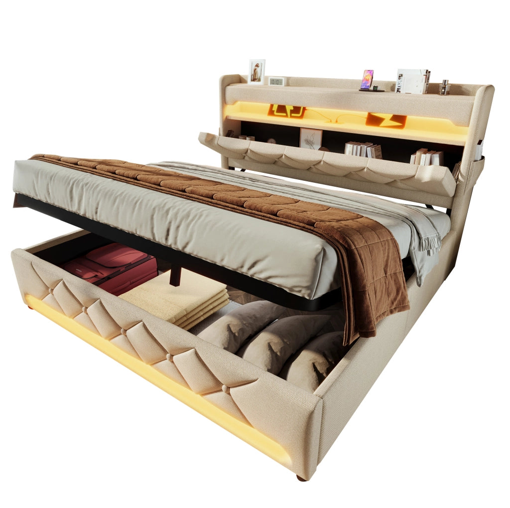 Letto contenitore 180 × 200 cm con LED; USB e Type-C; lino beige