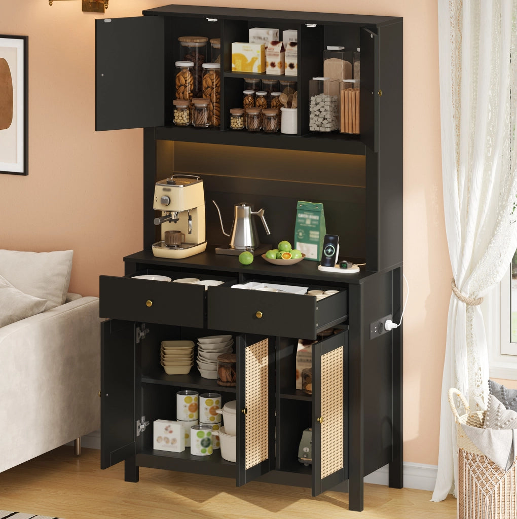 Credenza alta nera con LED RGB, prese USB e 2 cassetti