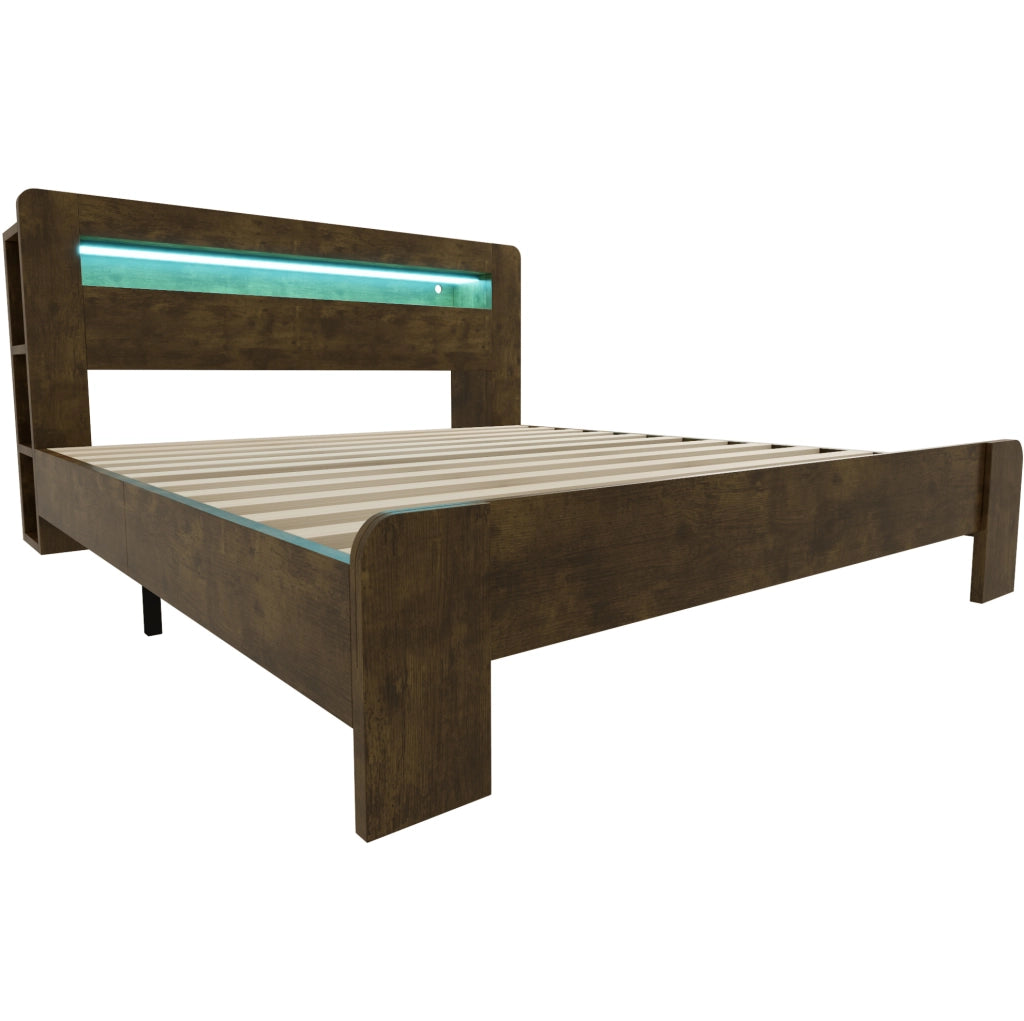 Letto a piattaforma 180x200 cm con testiera contenitore, LED e prese in legno