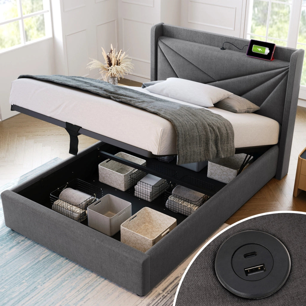 Letto singolo 90x200 cm grigio con contenitore, USB-C e materasso