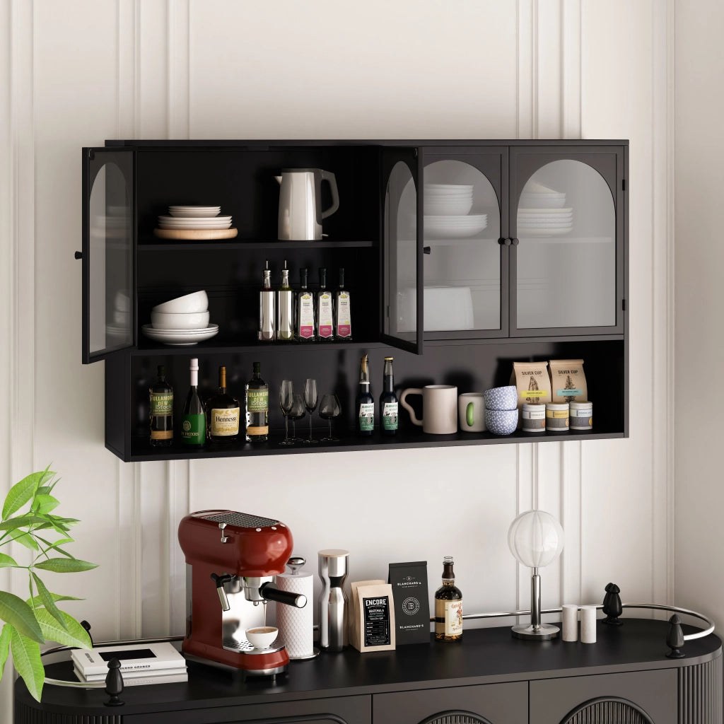 Vetrina sospesa a parete a quattro ante in metallo e vetro grigio per cucina e soggiorno nera 120 × 23 × 70 cm