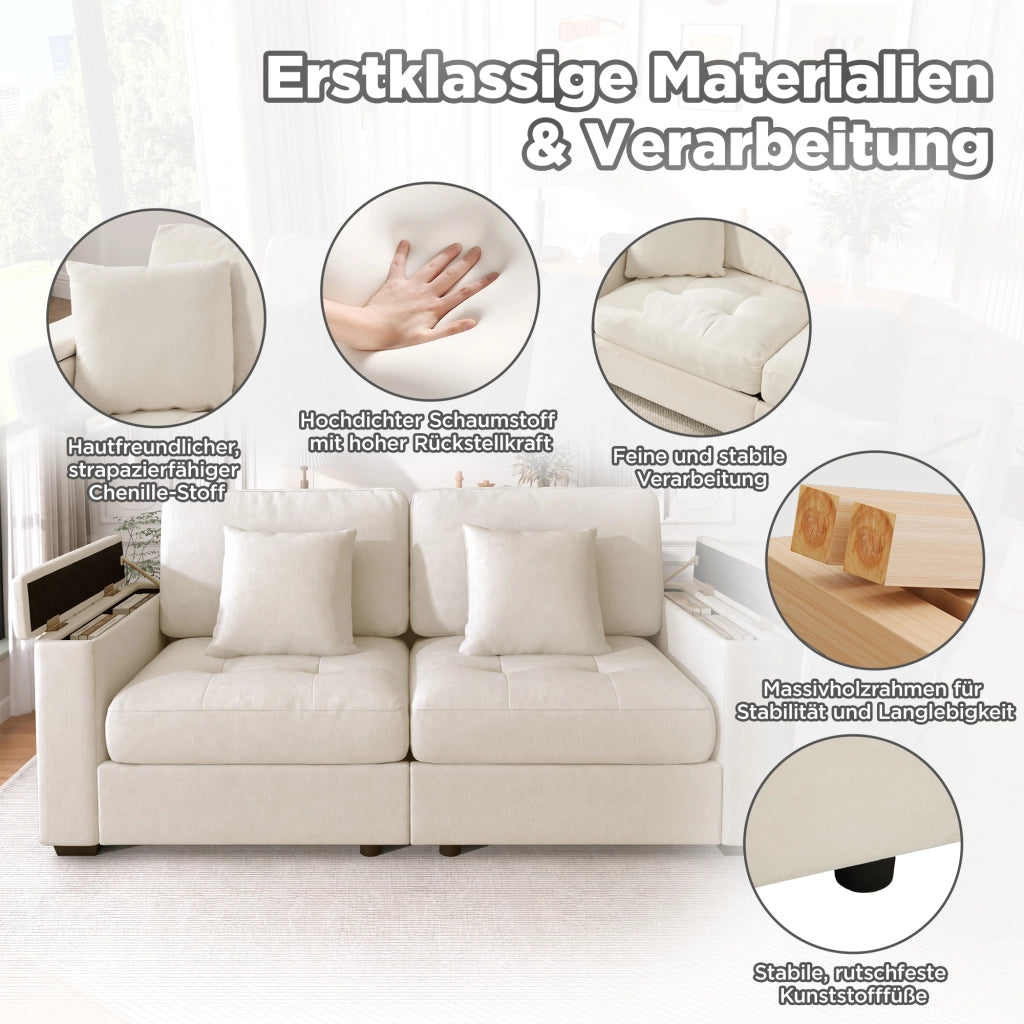 Divano 2 posti moderno 180 cm in tessuto ciniglia beige con contenitore e 2 cuscini