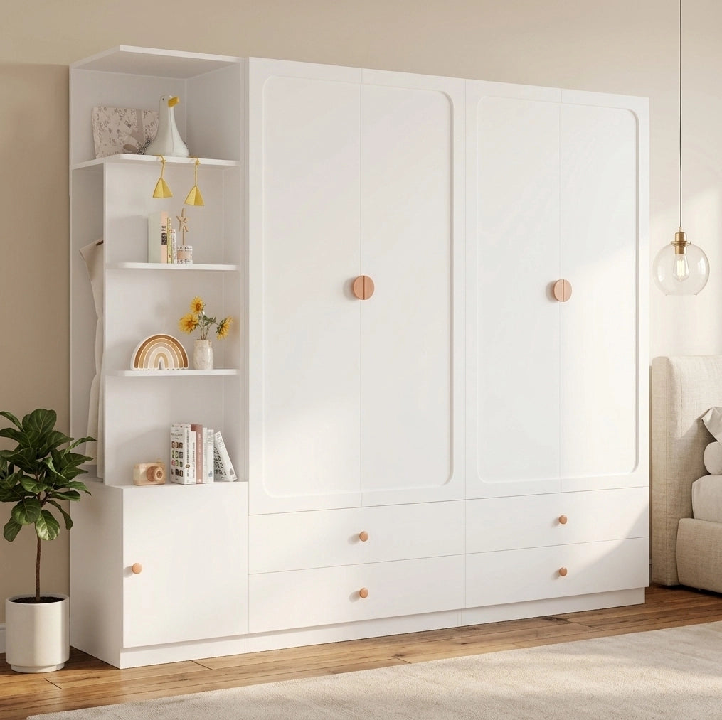 Armadio 225x45x200 cm bianco con 3 appendiabiti, 4 cassetti e modulo laterale reversibile HAVRYA