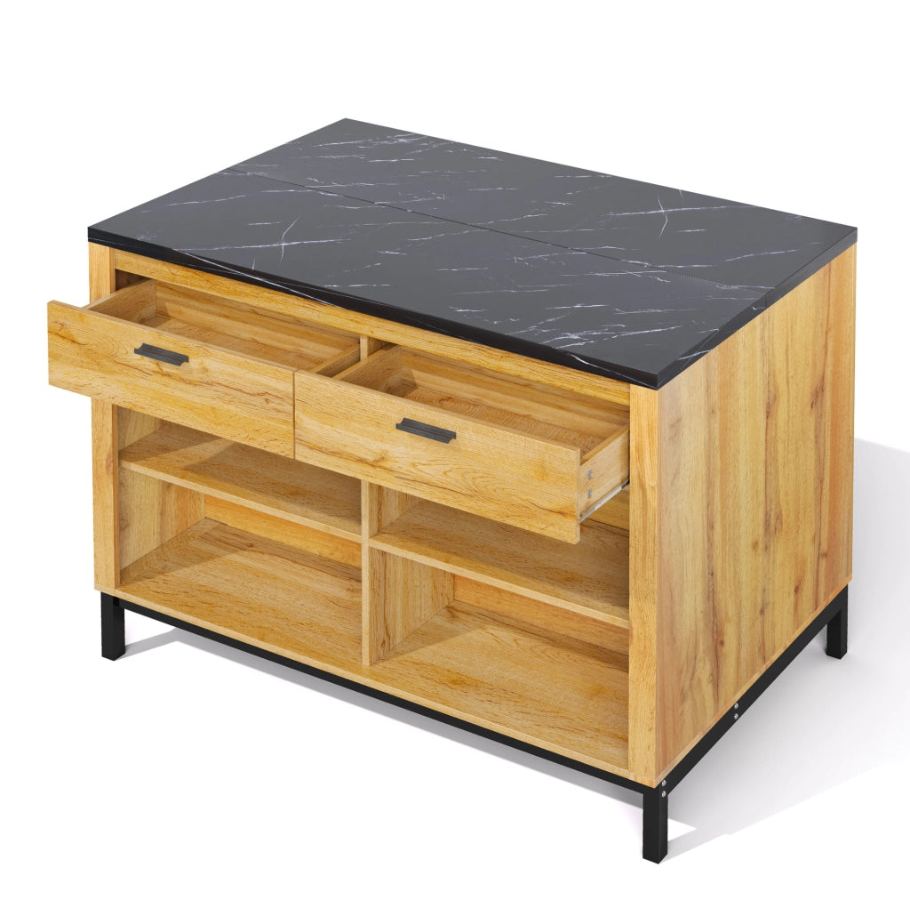 Isola da cucina 120x75x90 cm con 2 cassetti e 4 ripiani aperti in MDF nero e naturale