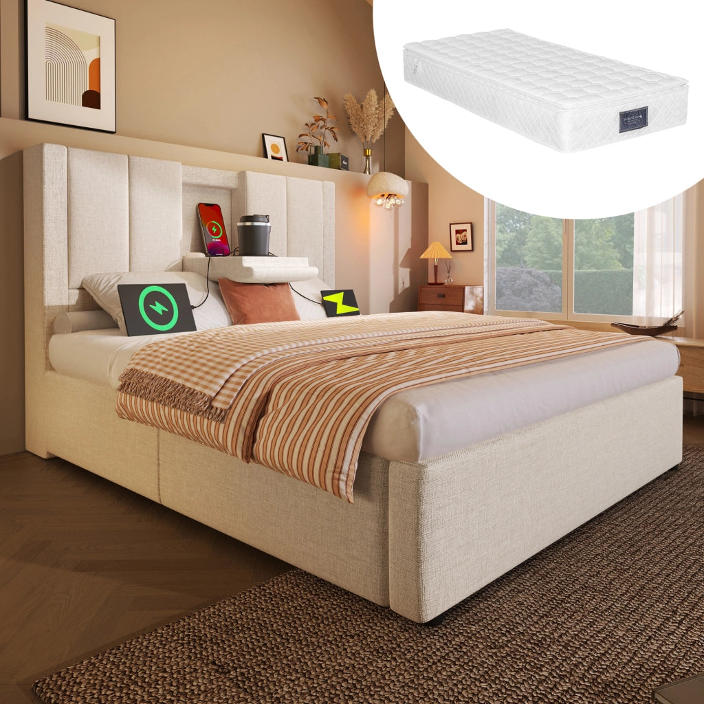 Letto imbottito 90x200 beige con materasso, USB e contenitore