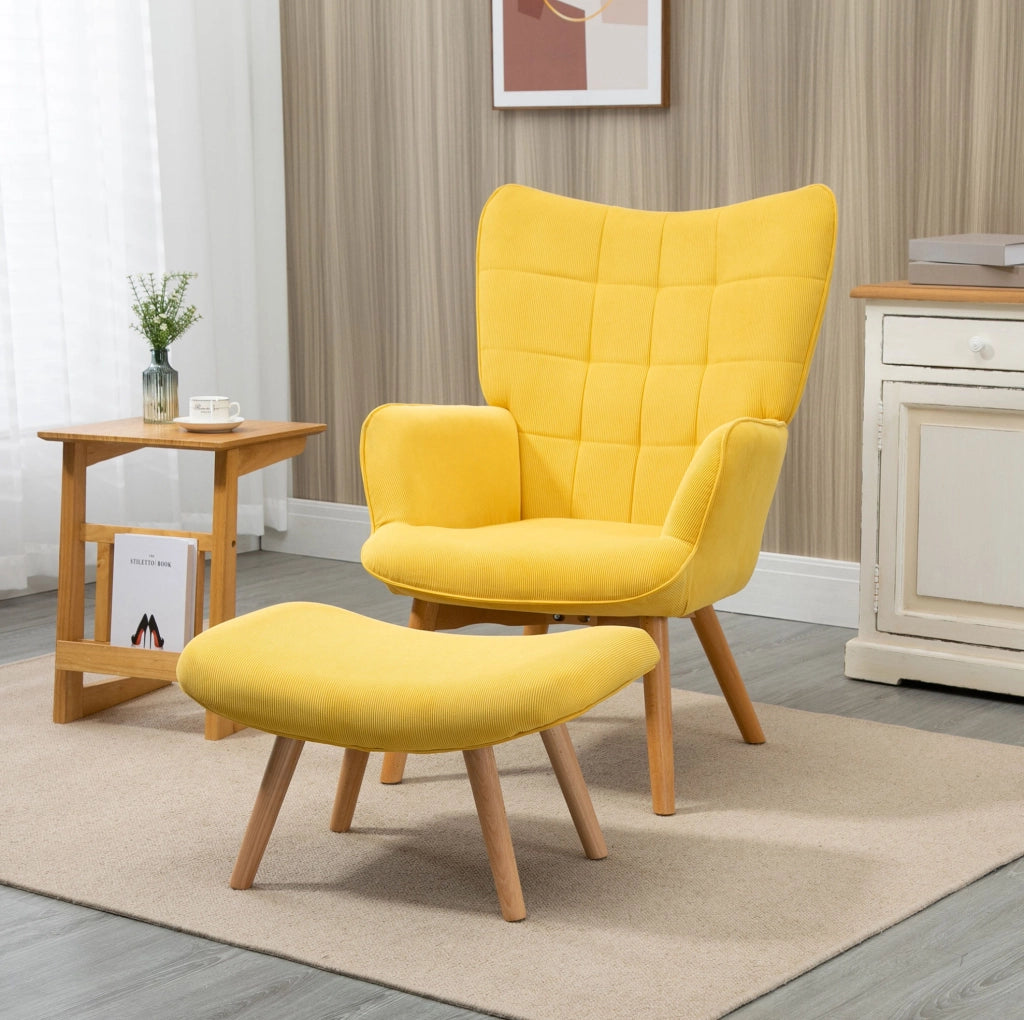 Poltrona relax gialla con ottomana e gambe in legno