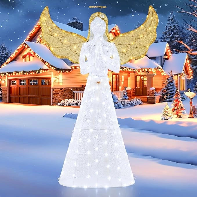 Angelo Natalizio Illuminato da Esterno 155 cm, 3D Angelo Luminoso con Aura, Ali e 150 Luci LED, Decorazione Natalizia per Giardino, Cortile e Prato