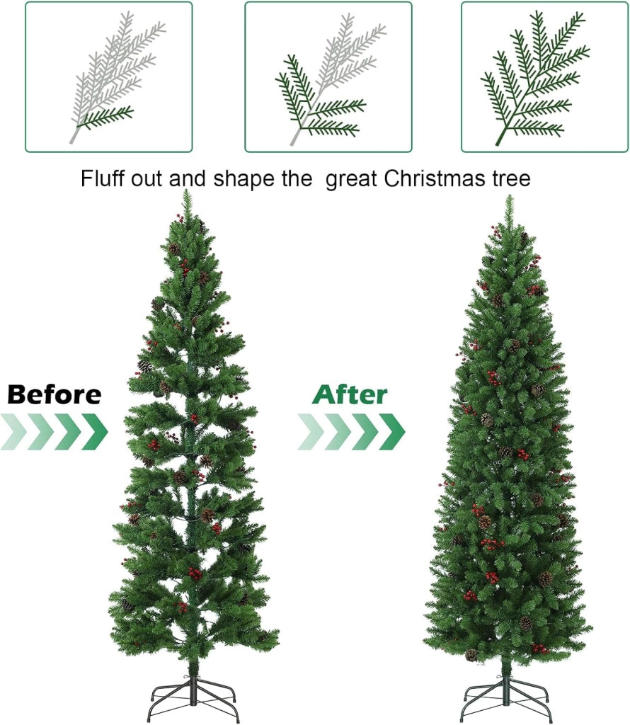 Albero di Natale 230cm con 350 LED Bicolore 9 Modalita 880 Punte Bacche e Pigne Spina UE
