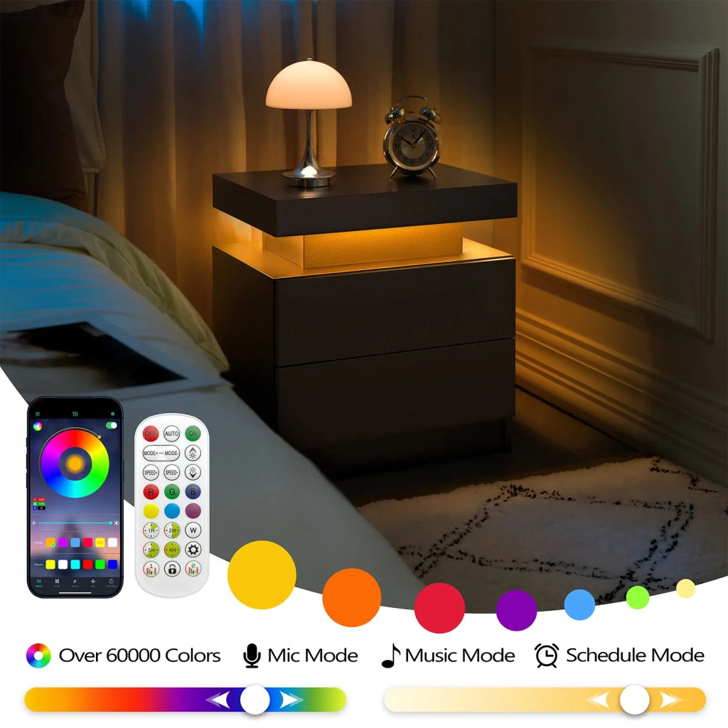 Comodino Moderno Nero con 2 Cassetti e Luci LED Integrati per Camera da Letto