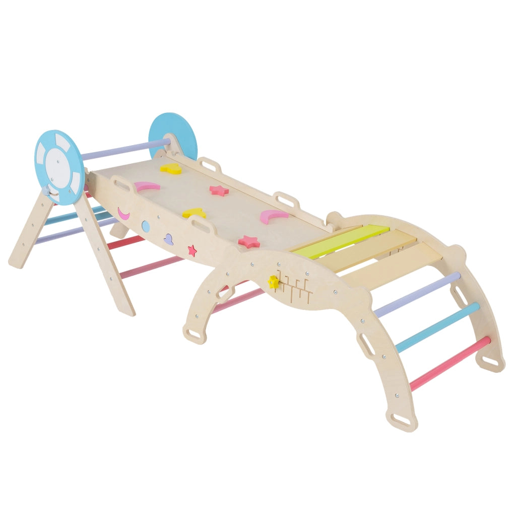 Set triangolare 8 in 1 legno montessori nautico arrampicata scivolo, Set scala arco labirinto palestra interna pieghevole bambini Colorato
