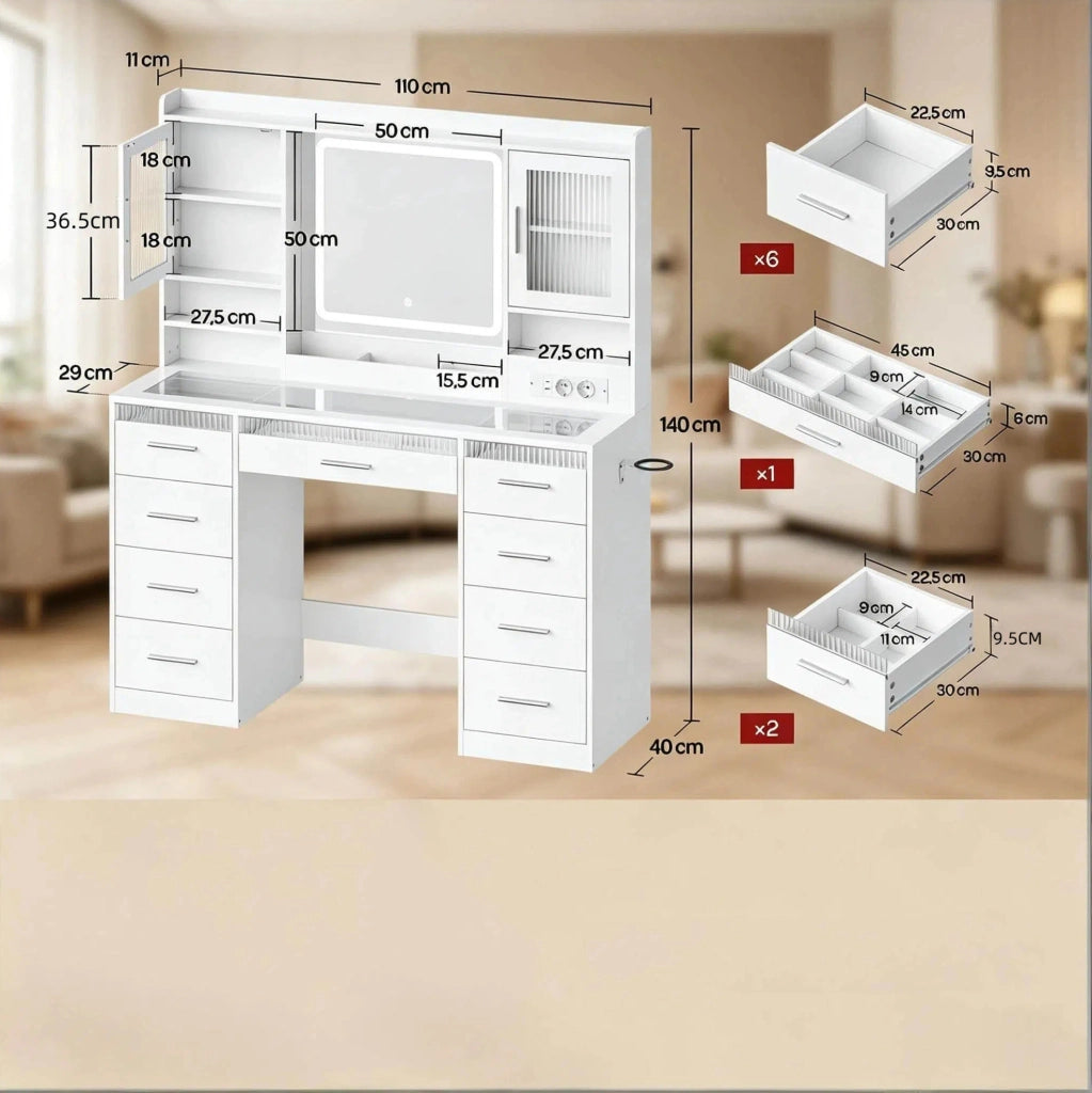 Toeletta 110x40x140 cm in legno e vetro bianco con LED e contenitori per camera