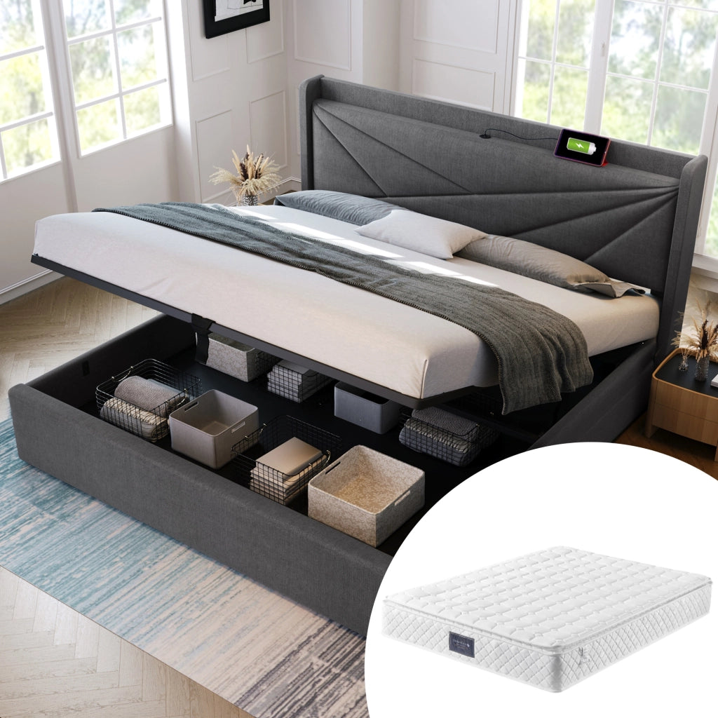 Letto contenitore matrimoniale 160 × 200 cm con USB e Type-C, testiera imbottita, materasso incluso, grigio
