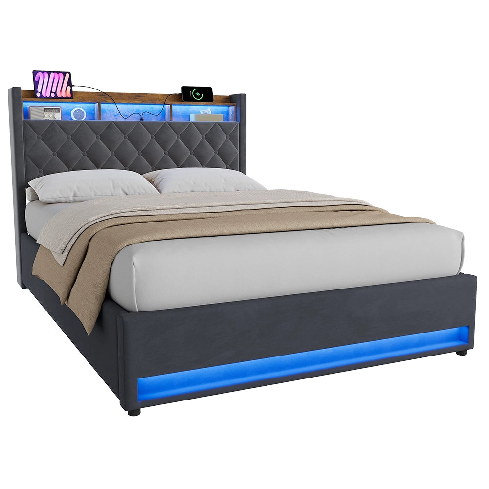 Letto Imbottito 140x190 cm Grigio Scuro in Velluto con Rete a Doghe