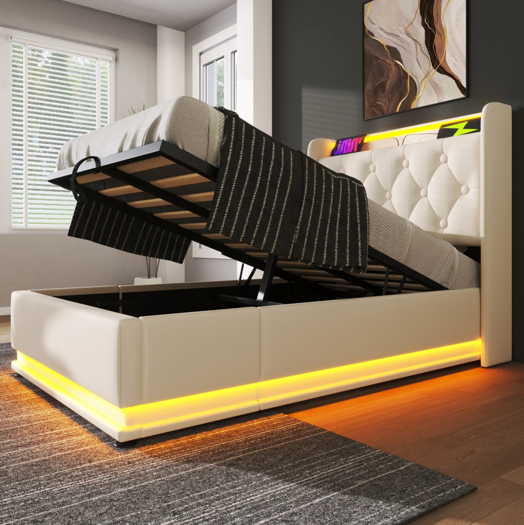 Letto imbottito singolo con LED 360°; USB e Type-C; contenitore idraulico; 90x200 cm; bianco PU